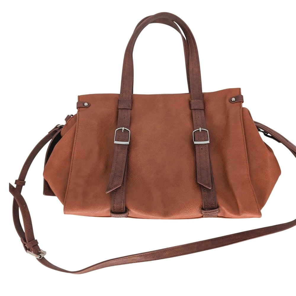 Chillx Satchel Bag Womens Large Brown Vegan Leather Buckle Crossbody Strap Boho